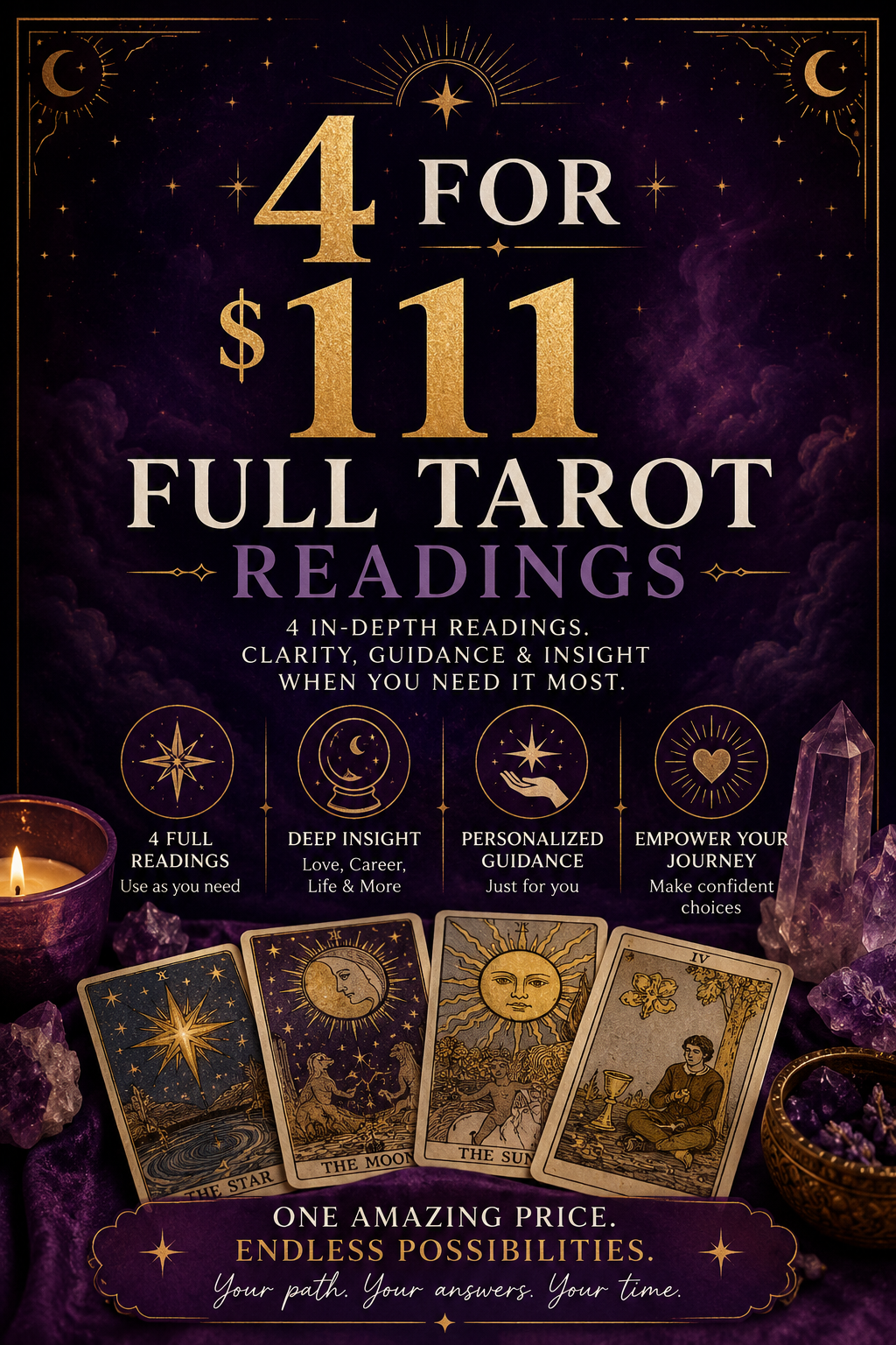 4 for $111 Full Tarot Readings with Mystic of MysticIntuitiveTarot